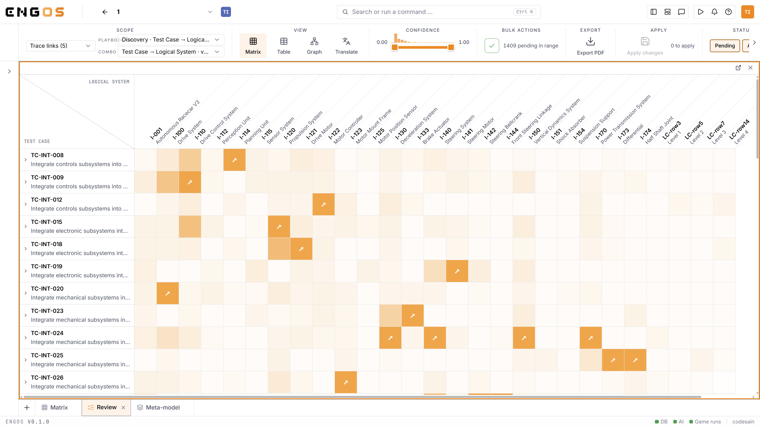 EngOS: Traceability-Matrix mit KI-Vorschlaegen im Review